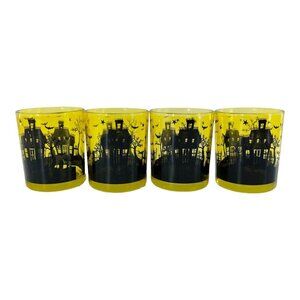 Set Of 4 Halloween Votives Haunted House Glass Holders Black Yellow